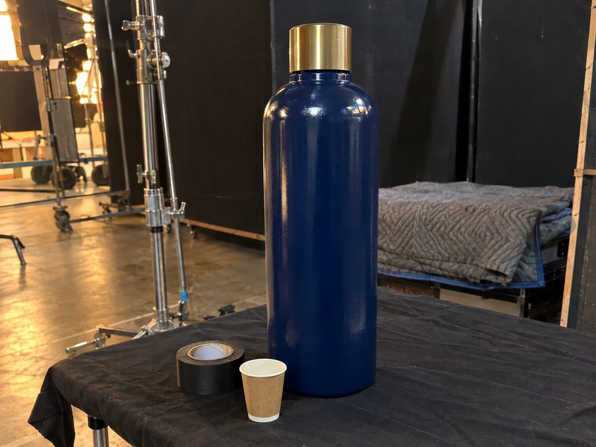 A hand-painted, unlabelled oversized bottle replica about 60 cm tall in gloss navy with a brass-effect cap, on a film-set prop table beside a roll of gaffer tape and a coffee cup