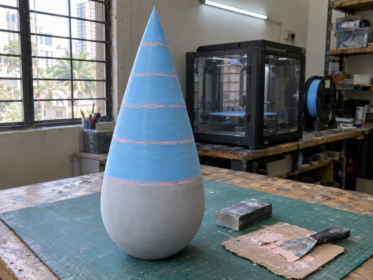 A waist-high droplet set piece printed in stacked sections on a workshop bench, its lower part primed smooth grey and its upper sections still raw light-blue print with filled joints