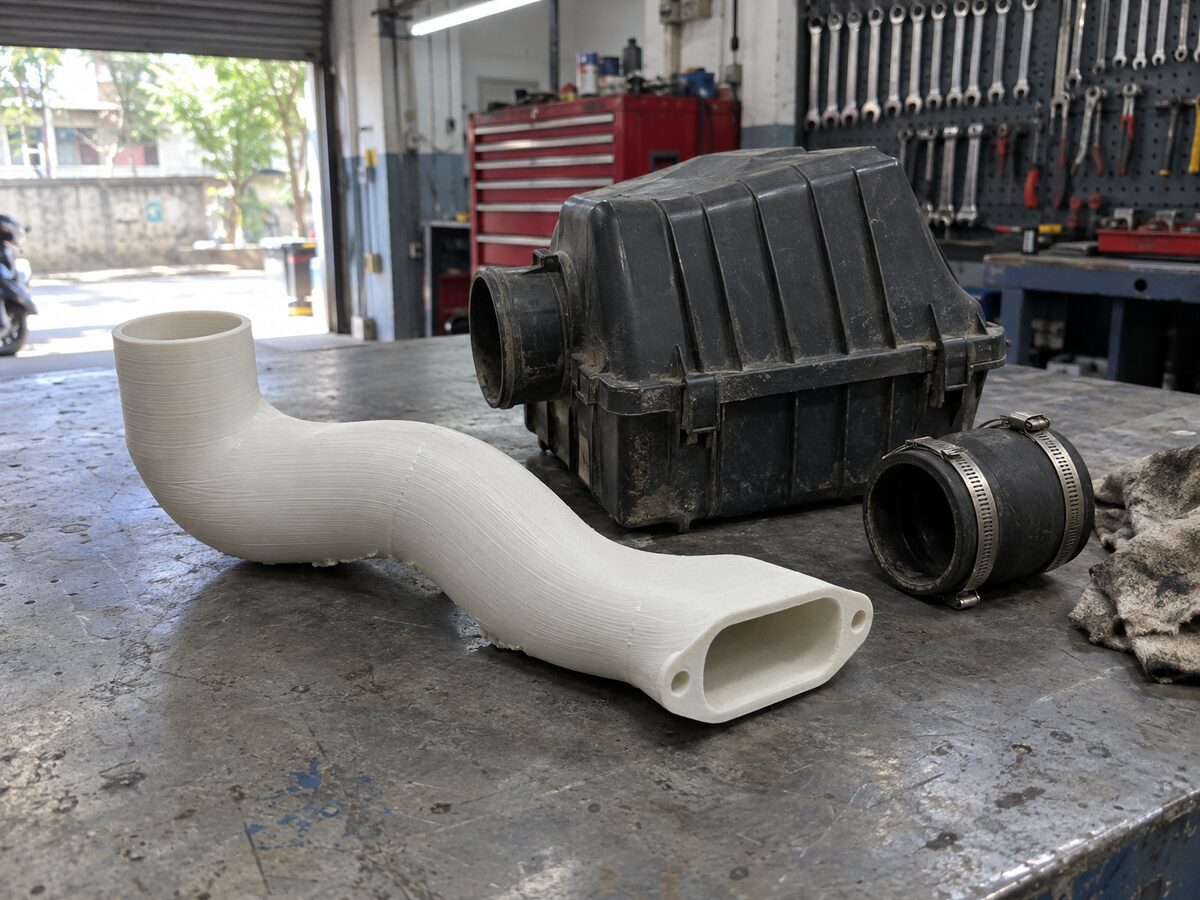 Off-white 3D-printed S-curved cooling duct with a bolt flange, standing on a car workshop bench beside an old airbox and a rubber hose coupler