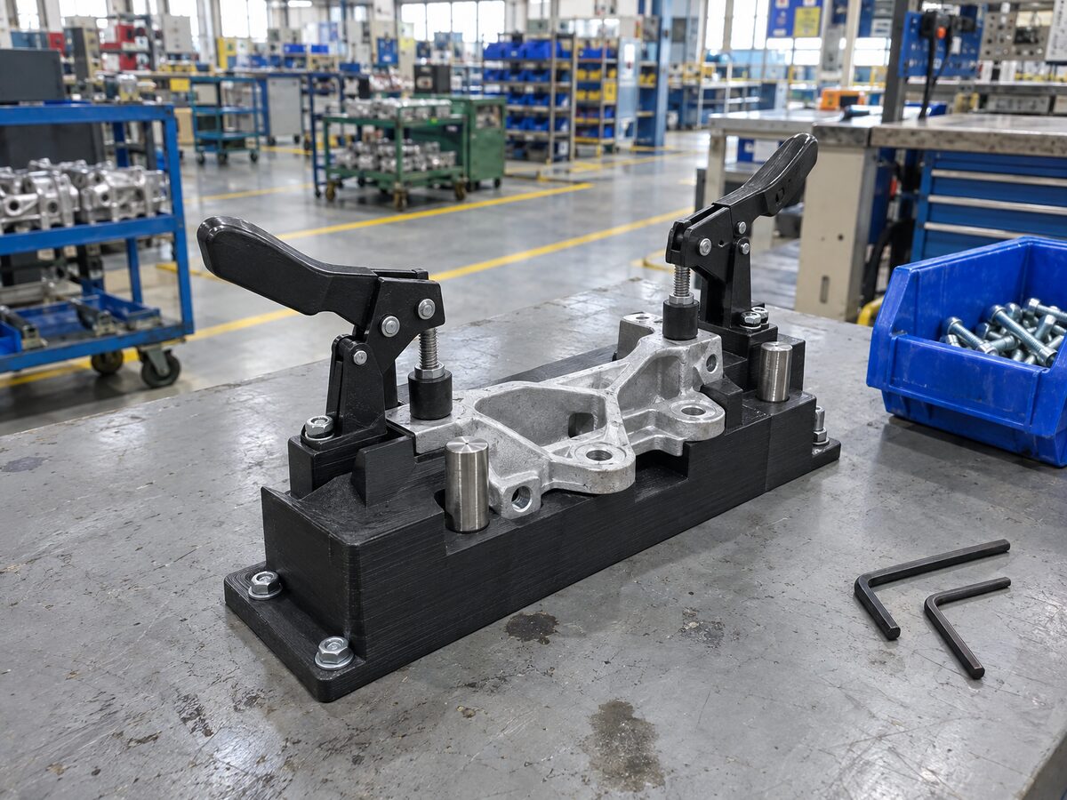 Matte black carbon-fibre nylon assembly fixture with toggle clamps and steel dowels holding an aluminium bracket at a factory line-side workstation