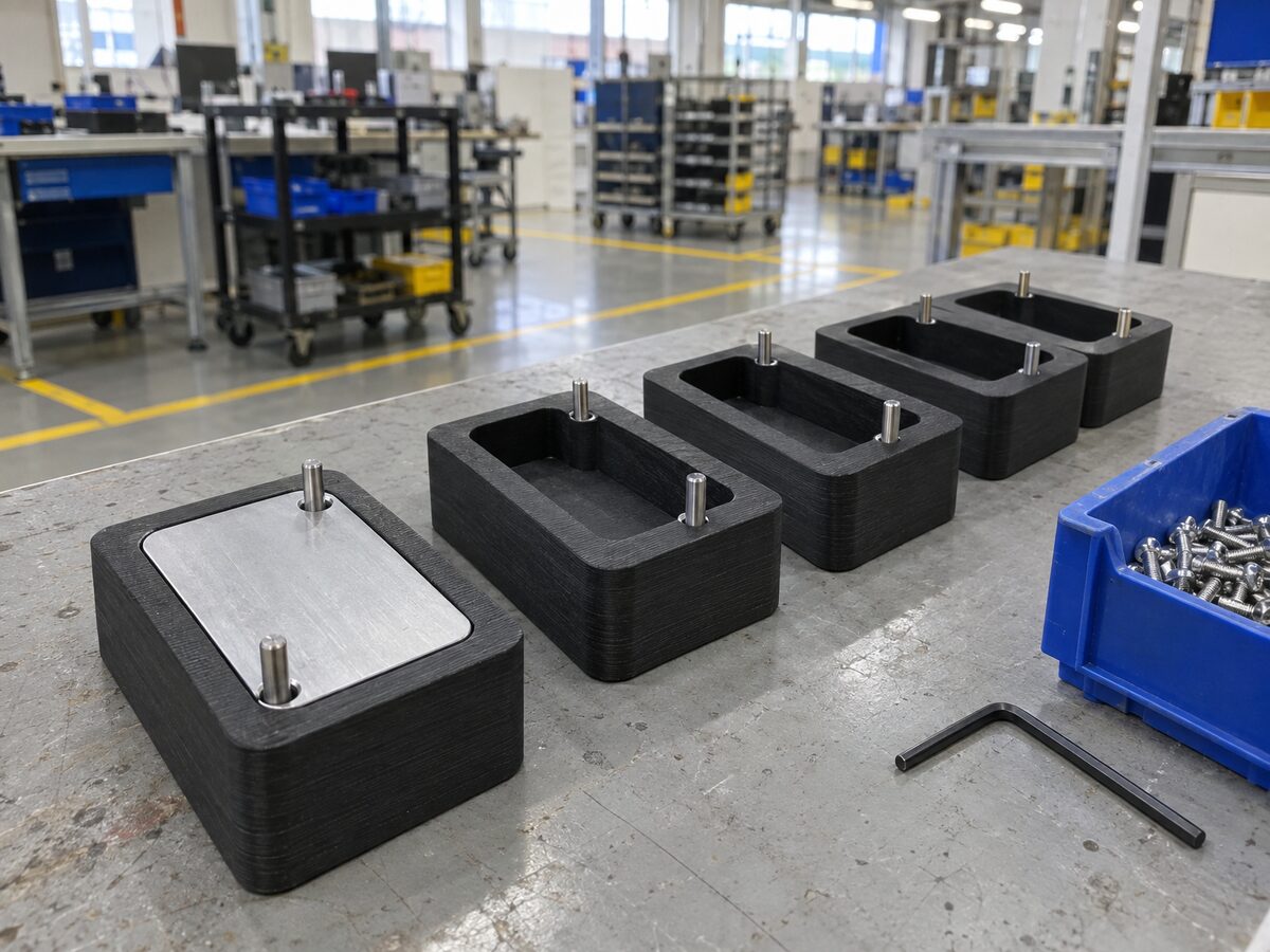Row of identical matte black carbon-fibre nylon assembly fixtures on a factory line-side bench, the nearest one holding an aluminium part