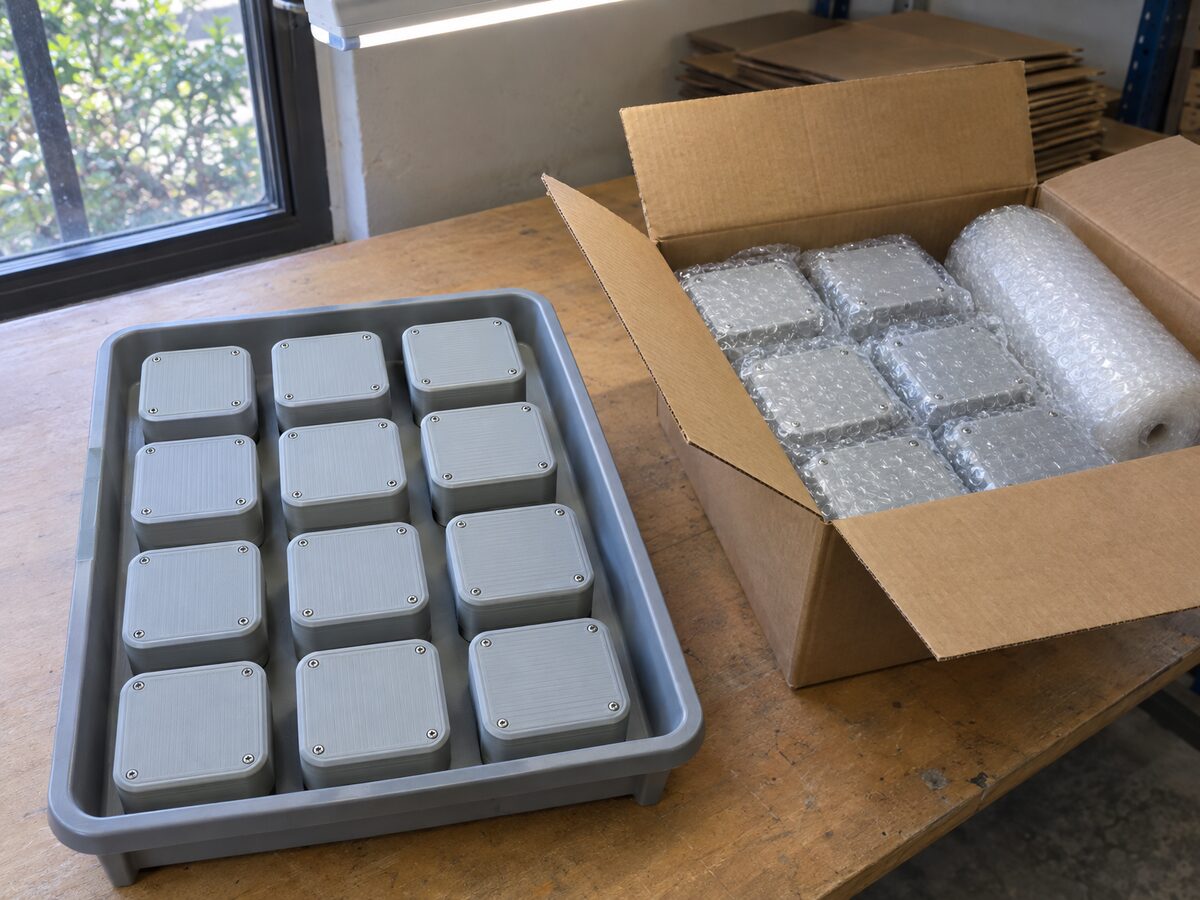 Packing table with a tray of twelve identical light grey 3D-printed enclosures beside a carton of bubble-wrapped units