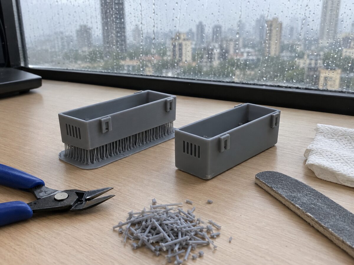 Two small grey SLA resin sensor housings on a desk by a rainy window, one still on its thin resin supports and one cleaned to a smooth matte finish