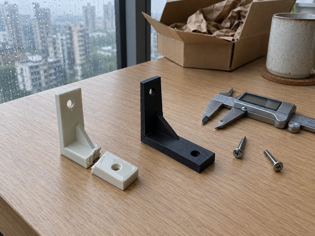 Snapped off-white moulded plastic bracket beside a matte black 3D-printed replacement and a calliper, on a desk by a rain-streaked window
