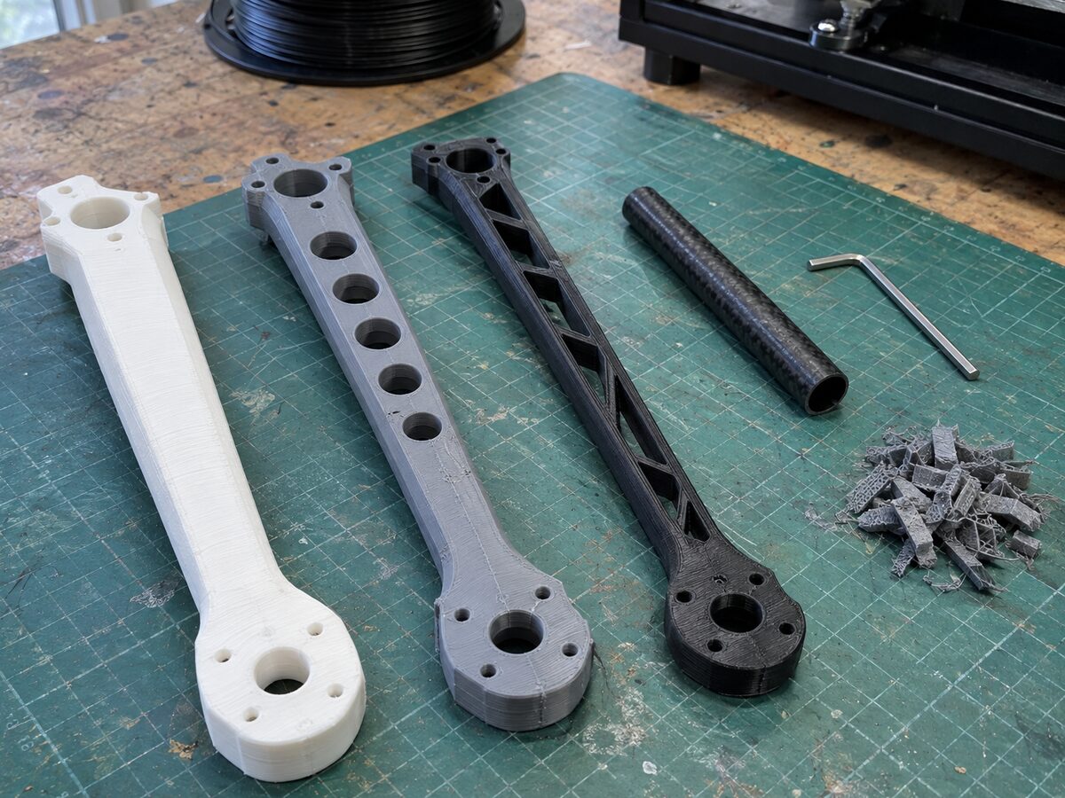 Three 3D-printed drone arms side by side on a cutting mat: white PLA, grey PETG and a lighter, ribbed black carbon-fibre nylon version
