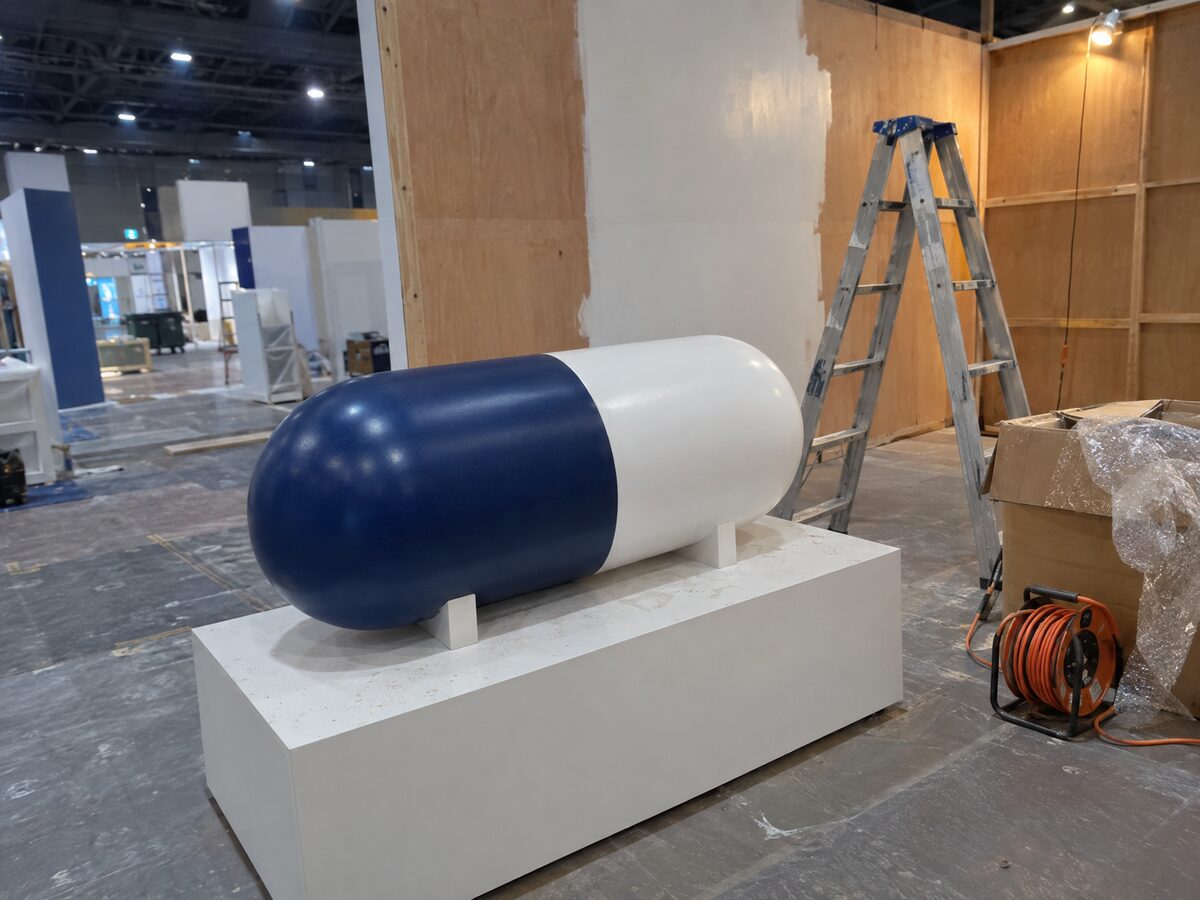 An oversized model of a navy and white medicine capsule about a metre long on a plinth at an exhibition stall being built, beside a stepladder and cartons