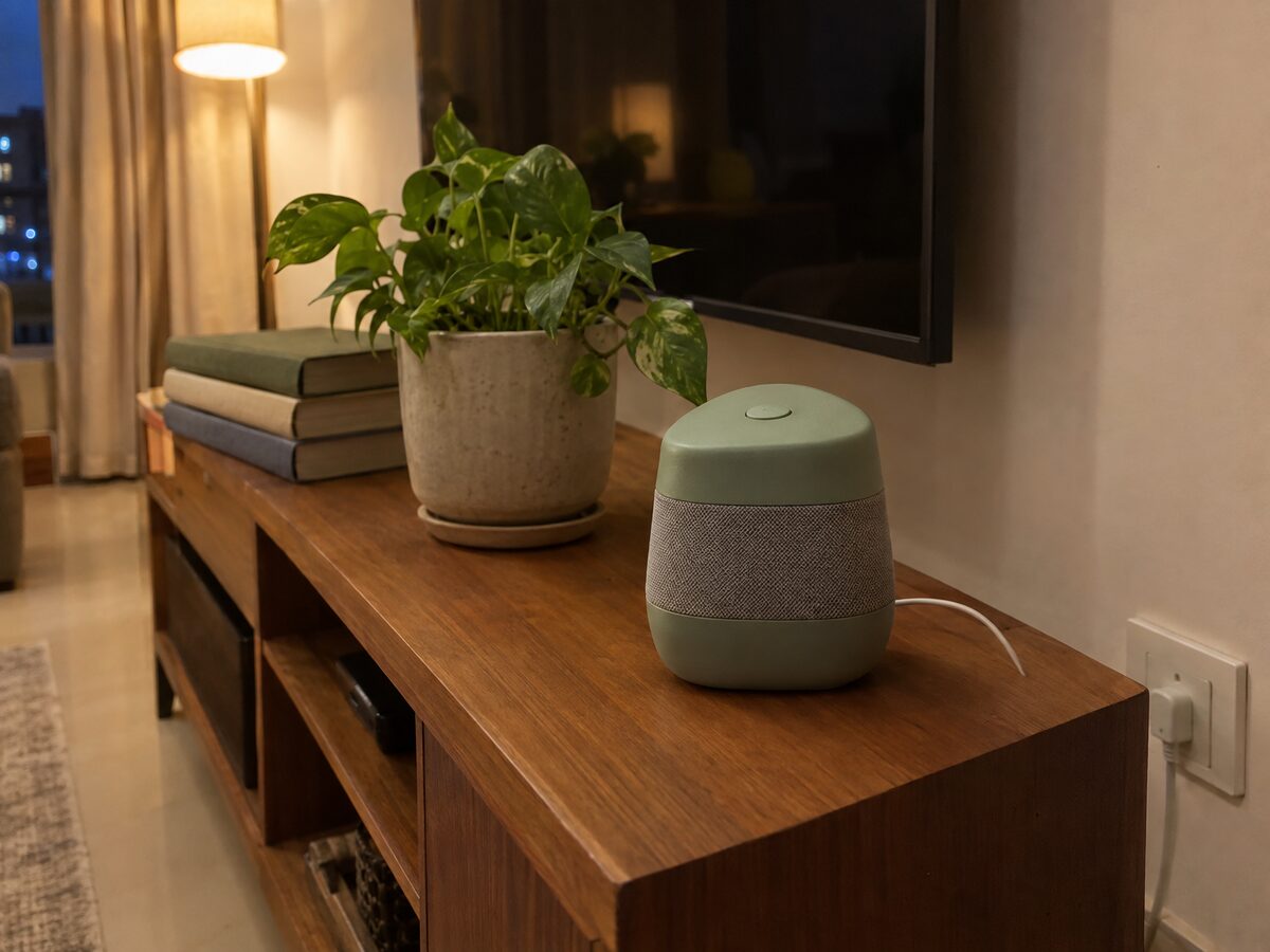 A painted prototype of a compact home speaker with a grey textured band, standing on a teak TV unit in a Mumbai living room in the evening