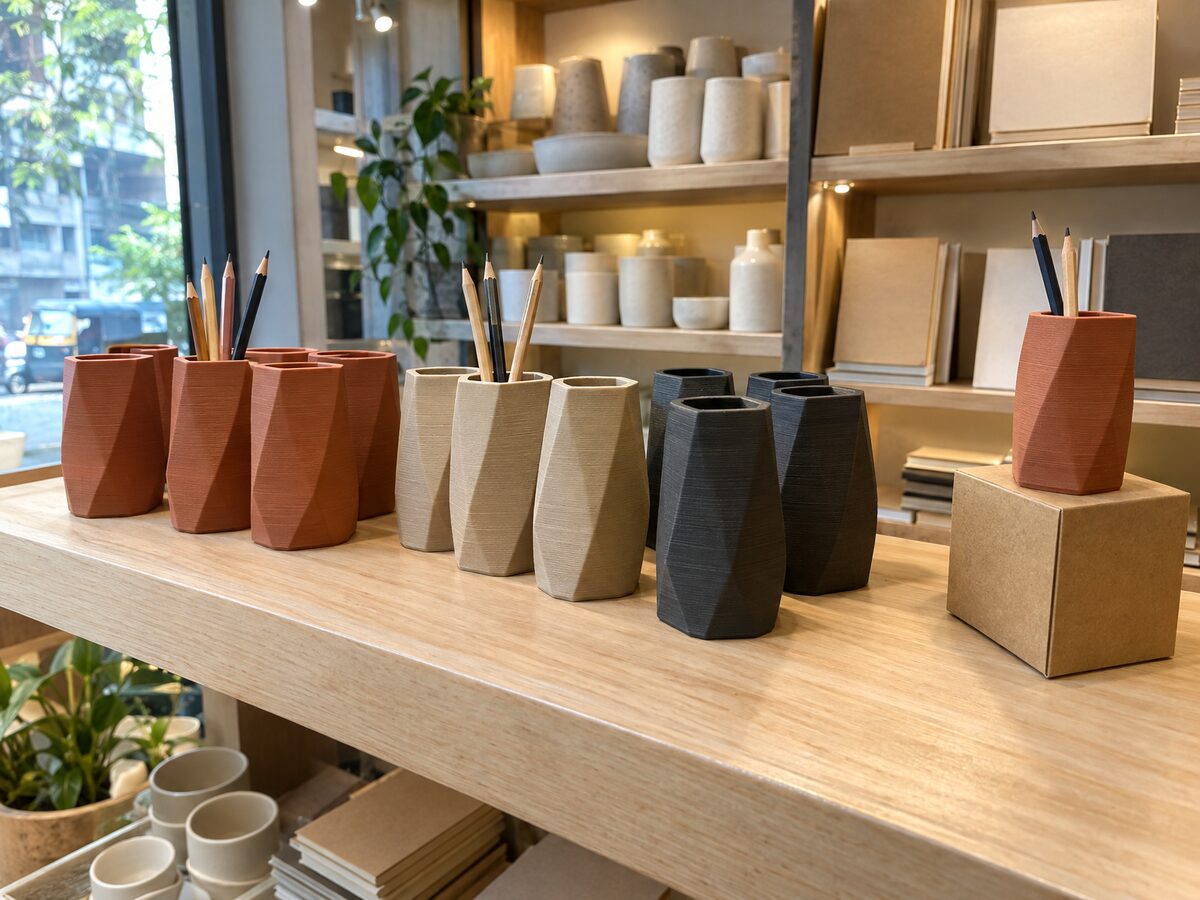 A run of identical faceted pen pots printed in terracotta, sand and charcoal, grouped by colour on a wooden shelf in a small design store