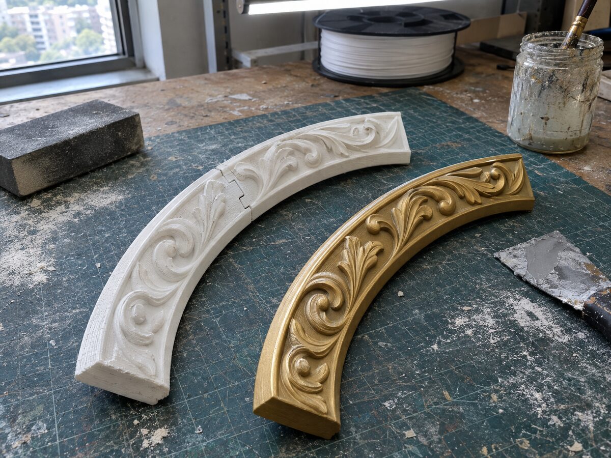 3D-printed makhar arch segment on a workbench: raw white sections with layer lines and a stepped key beside the same piece joined and painted antique gold