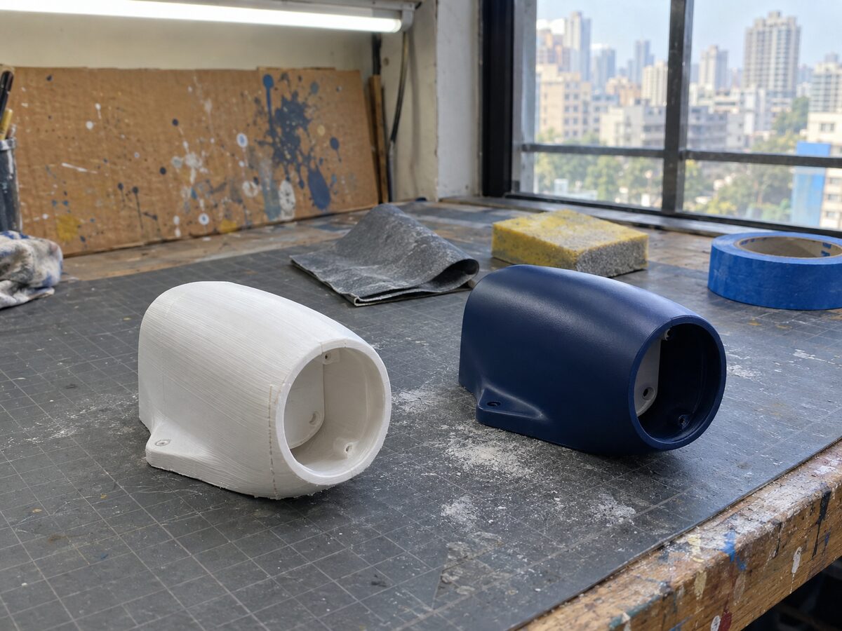 Two identical 3D-printed housings on a dark grey cutting mat, one raw white with visible layer lines, one sanded and painted navy satin, beside sandpaper and tape