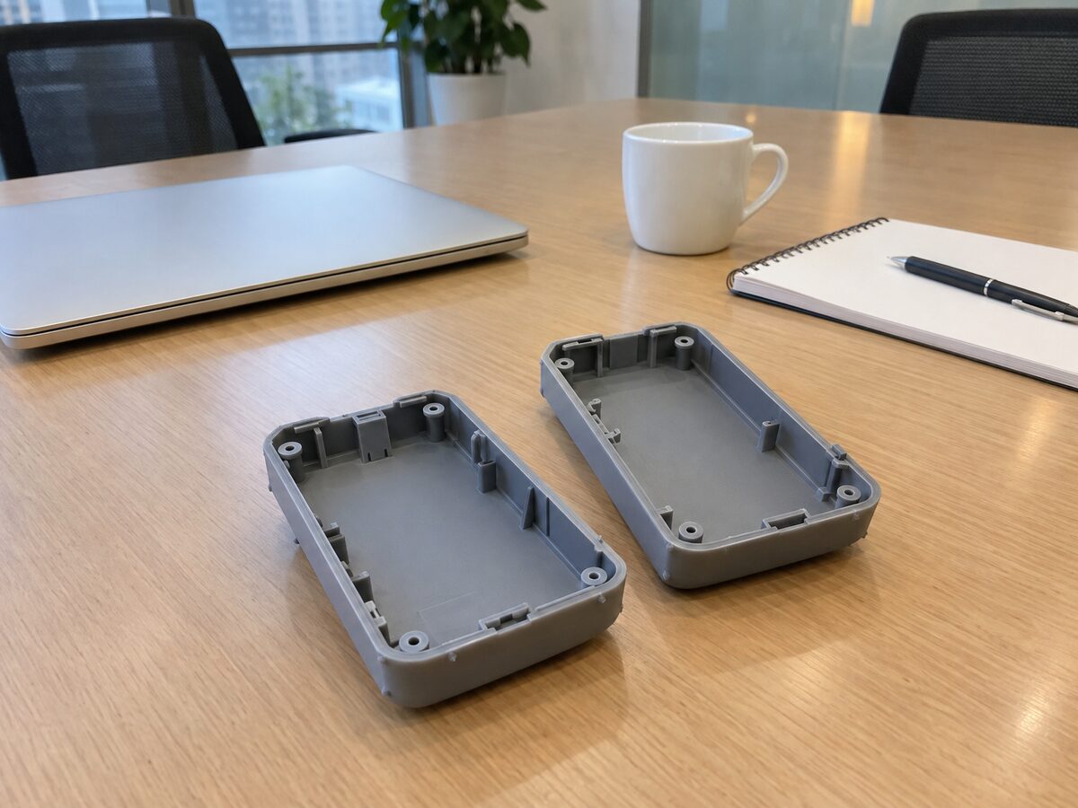 Two open halves of a small grey SLA resin device enclosure with thin ribs and snap hooks, on an office conference table beside a laptop and notepad