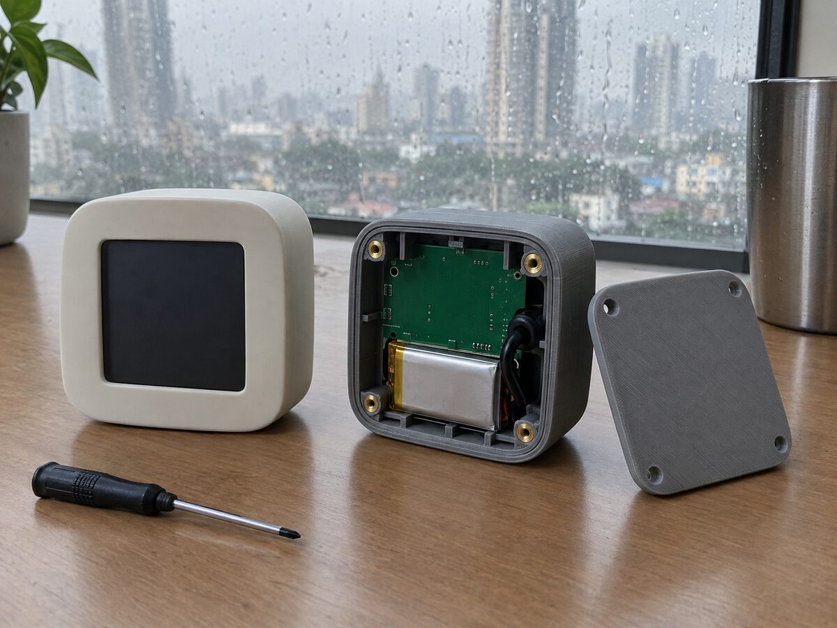 Painted off-white looks-like model beside an opened grey 3D-printed works-like version showing its circuit board, on a desk by a rainy window