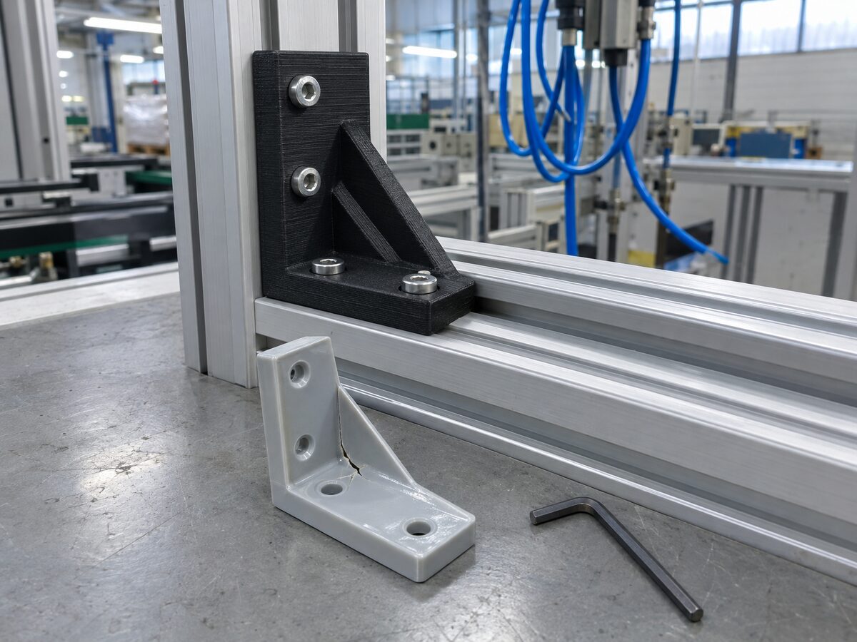 Rebuilt black carbon-fibre nylon bracket with two added ribs bolted to an aluminium frame at a factory workstation, the cracked grey original lying below