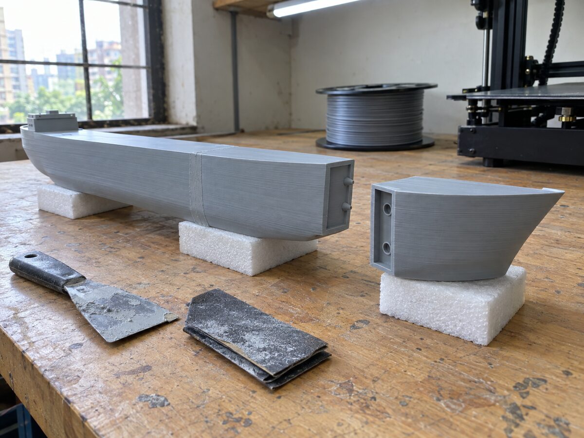 Three grey 3D-printed hull sections of a ship model on a cutting mat, two joined with a filled seam, the bow section apart to show its alignment pegs