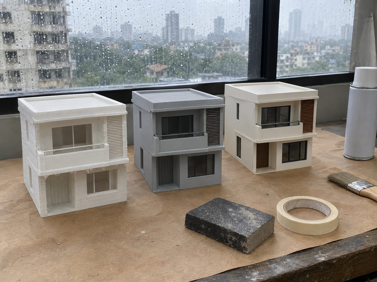 Three identical small villa models by a rainy window: a raw white print with layer lines, one sanded and grey-primed, one painted off-white with dark windows