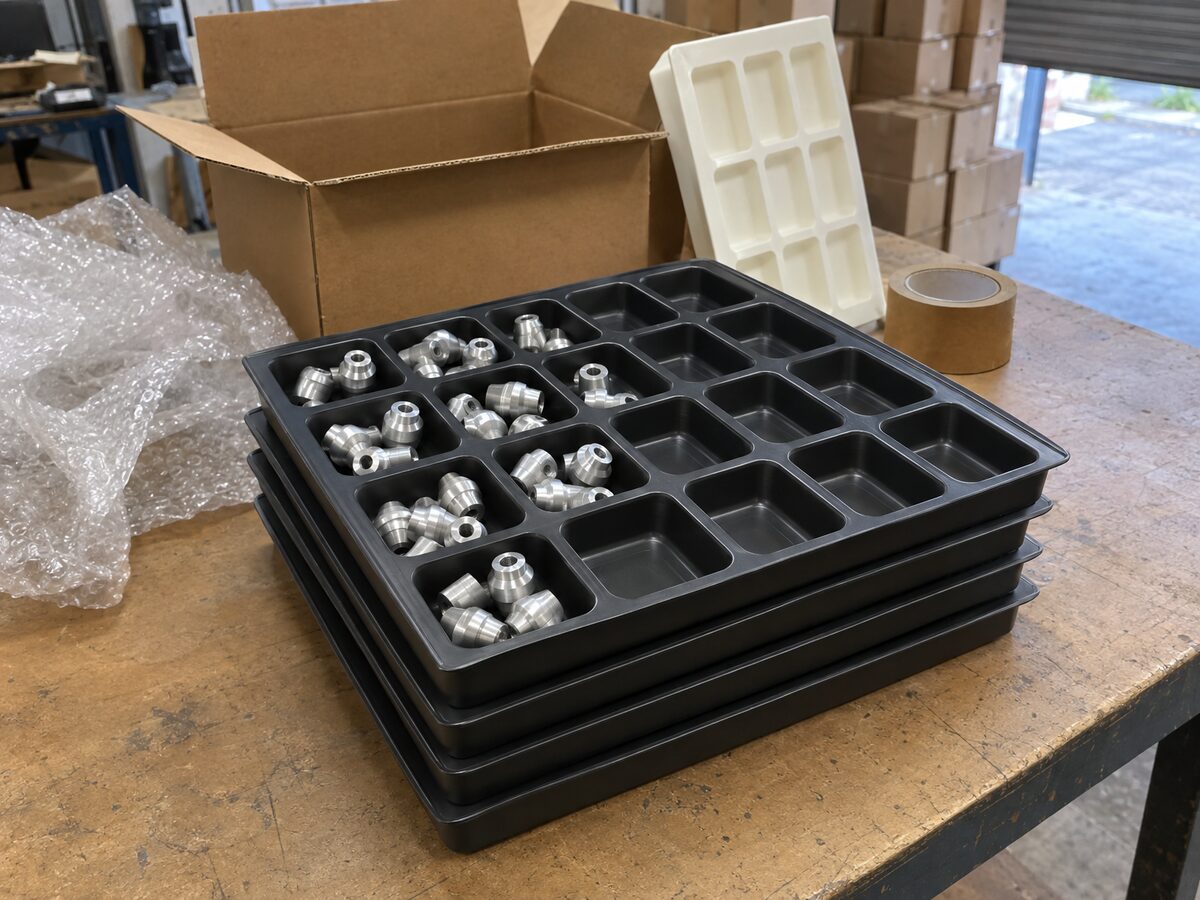 Stack of nested matte black HIPS vacuum-formed component trays, the top one holding aluminium fittings, on a packing table beside a carton