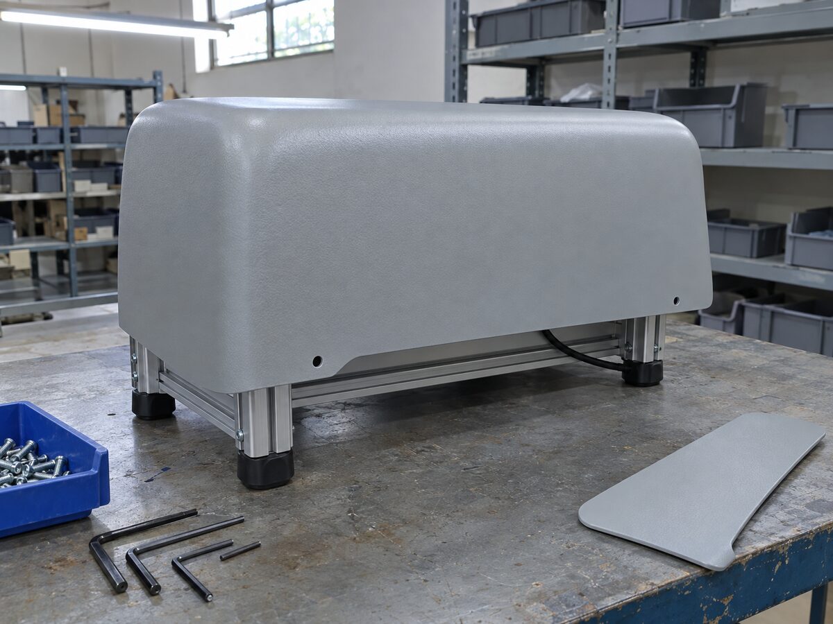 Light grey textured ABS vacuum-formed cover fitted over a compact benchtop unit at a line-side workstation with an aluminium-extrusion frame