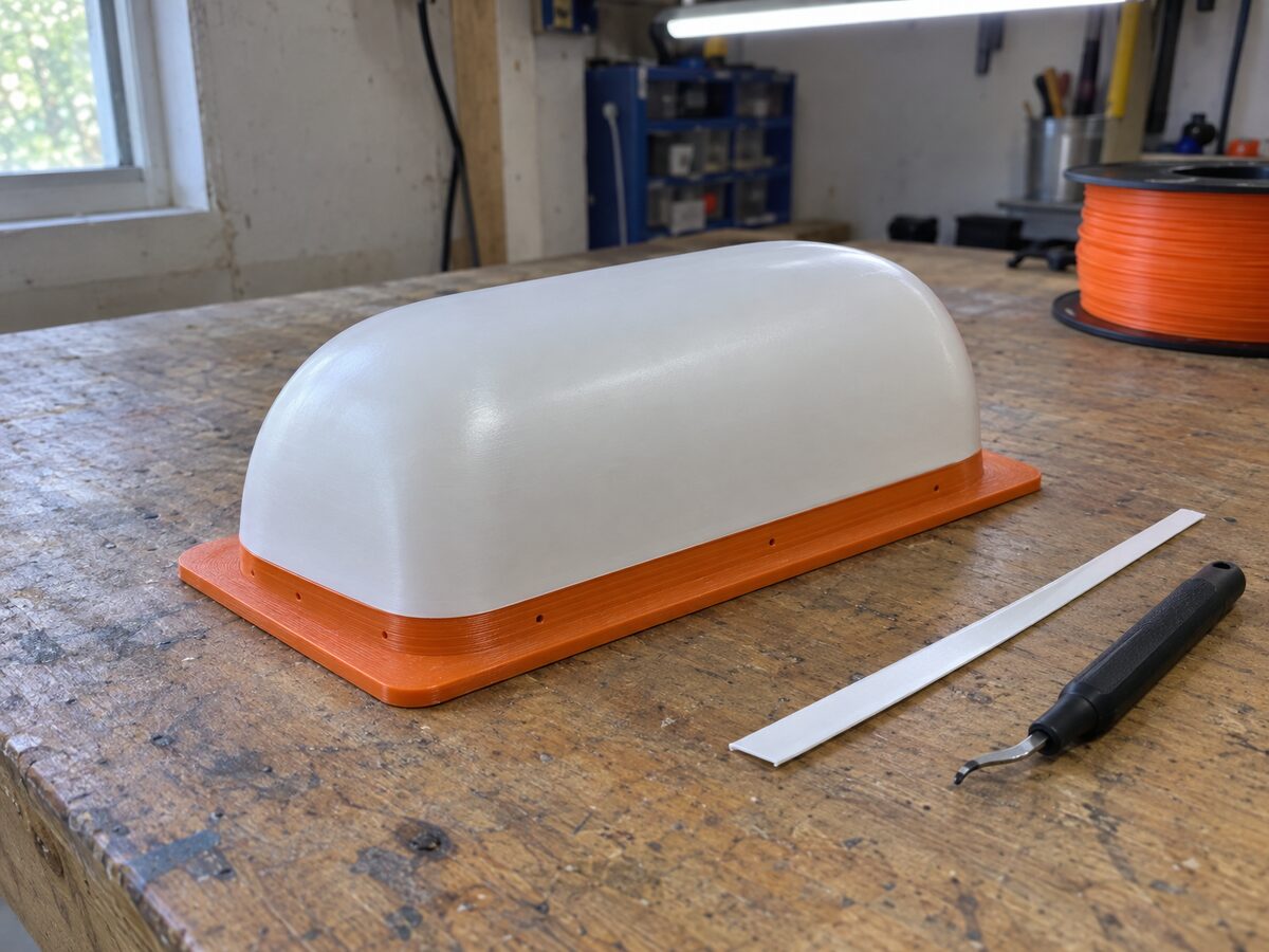 A white ABS shell vacuum-formed over a matte orange 3D-printed buck, the printed base showing below its trimmed edge, on a workbench